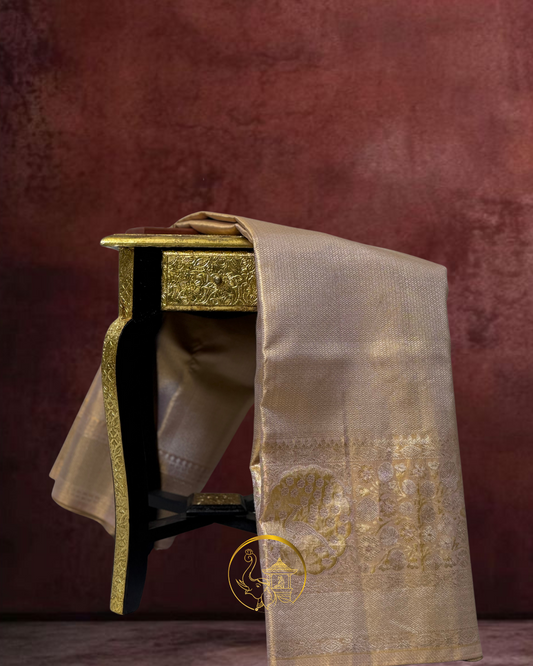 Elegant Golden Beige Handloom Saree - Peacock Motif Edition