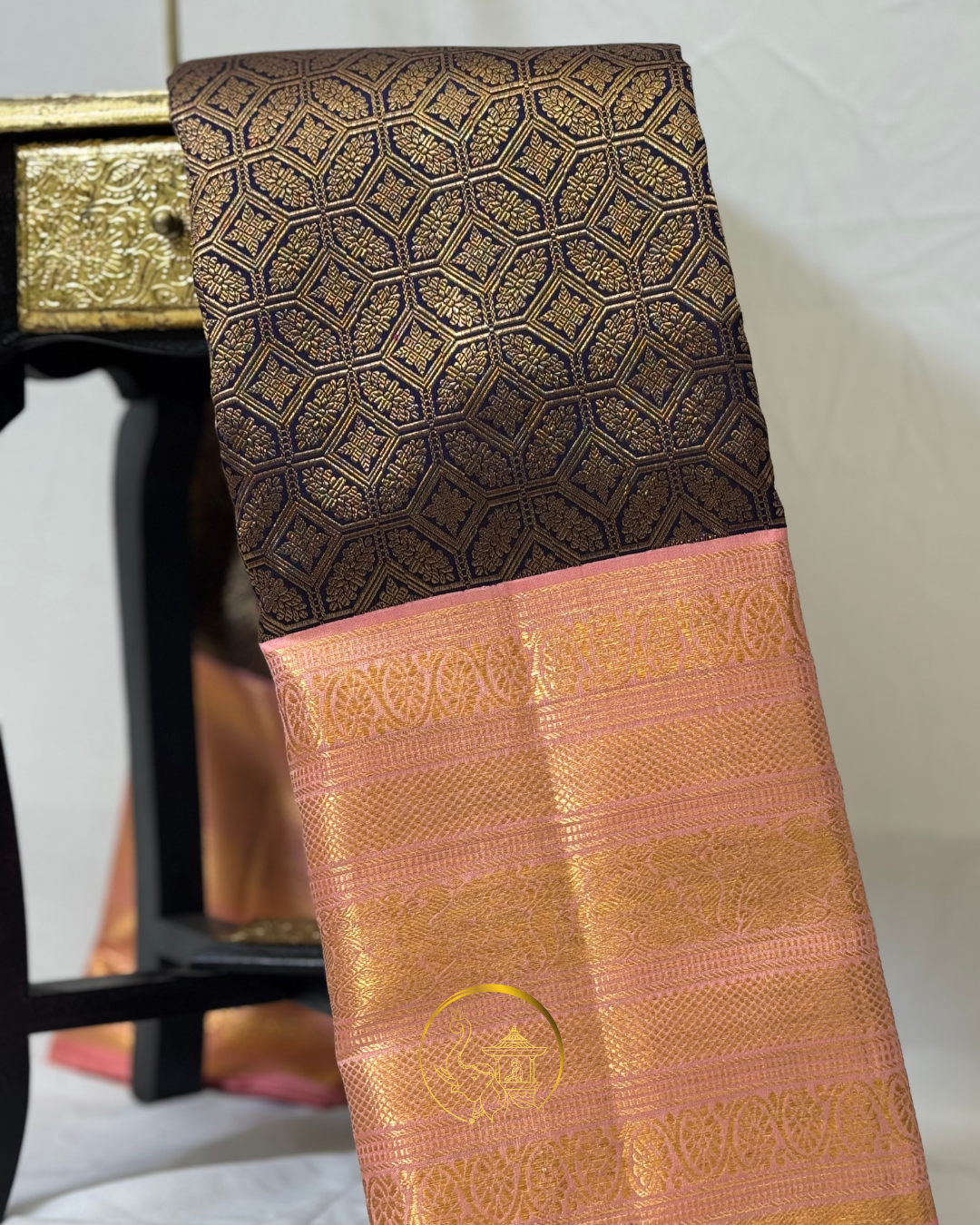 Kanjeevaram Silk Saree – Deep Blue with Elegant Gold & Peach Border