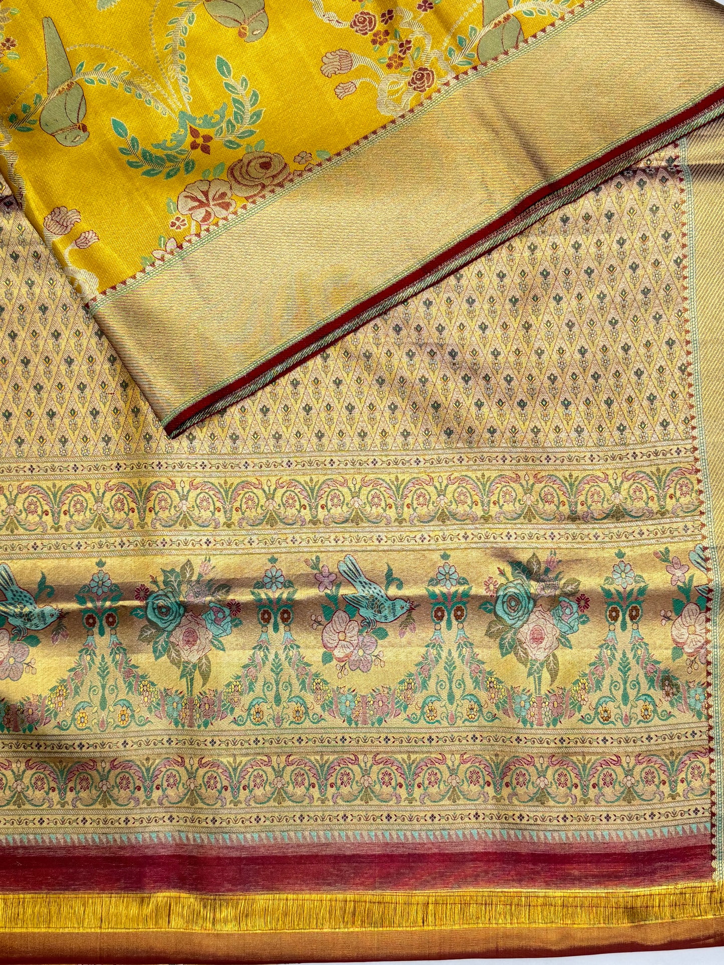 Mustard Yellow Handloom Meenakari Saree – Parrot & Royal Darbar Theme