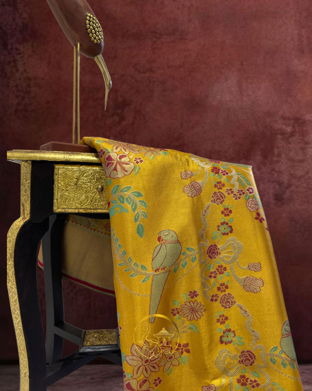 Mustard Yellow Handloom Meenakari Saree – Parrot & Royal Darbar Theme