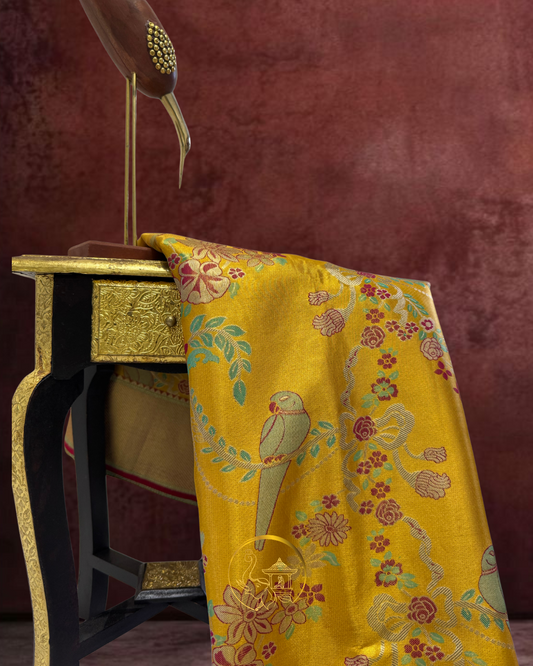 Mustard Yellow Handloom Meenakari Saree – Parrot & Royal Darbar Theme