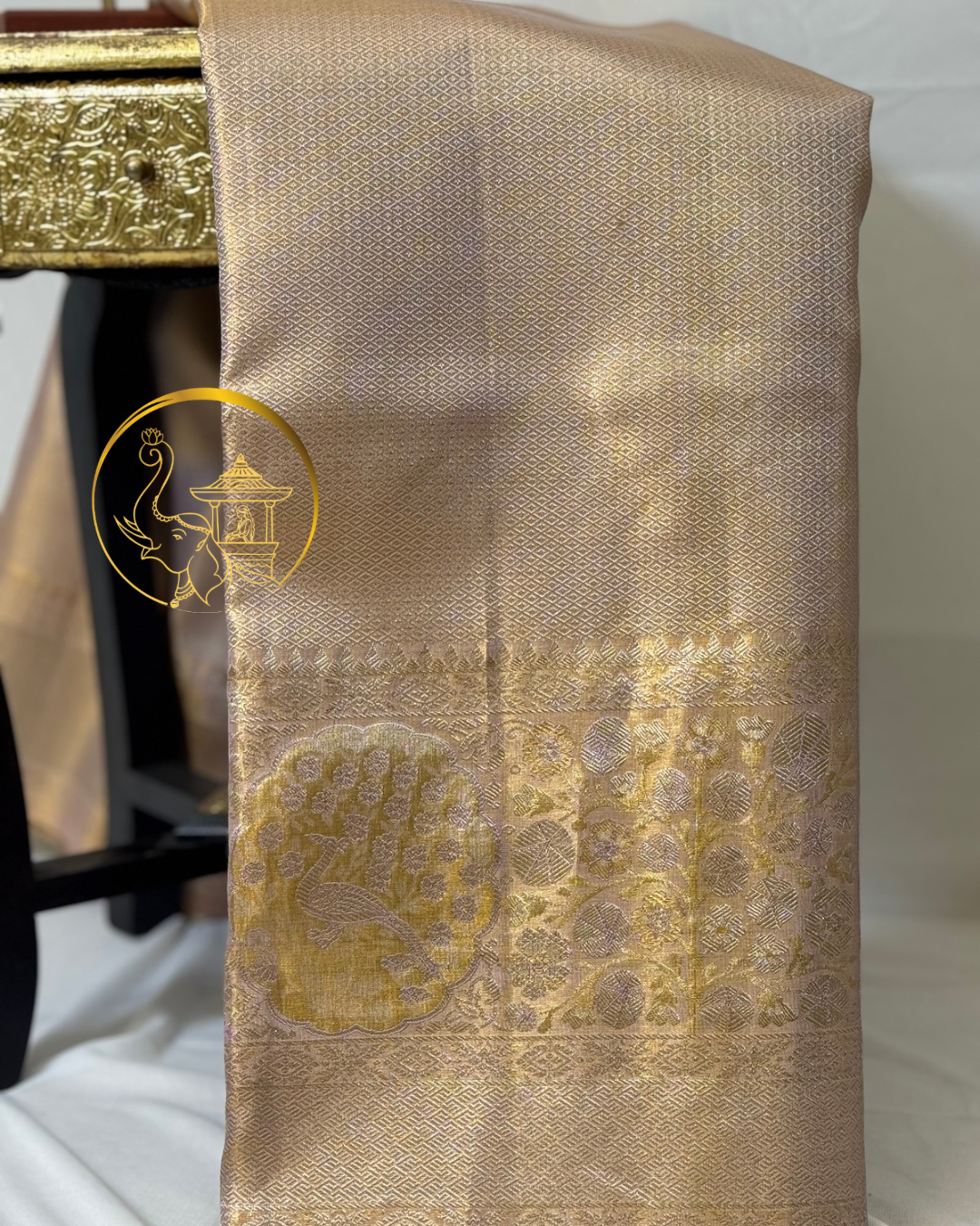 Elegant Golden Beige Handloom Saree - Peacock Motif Edition