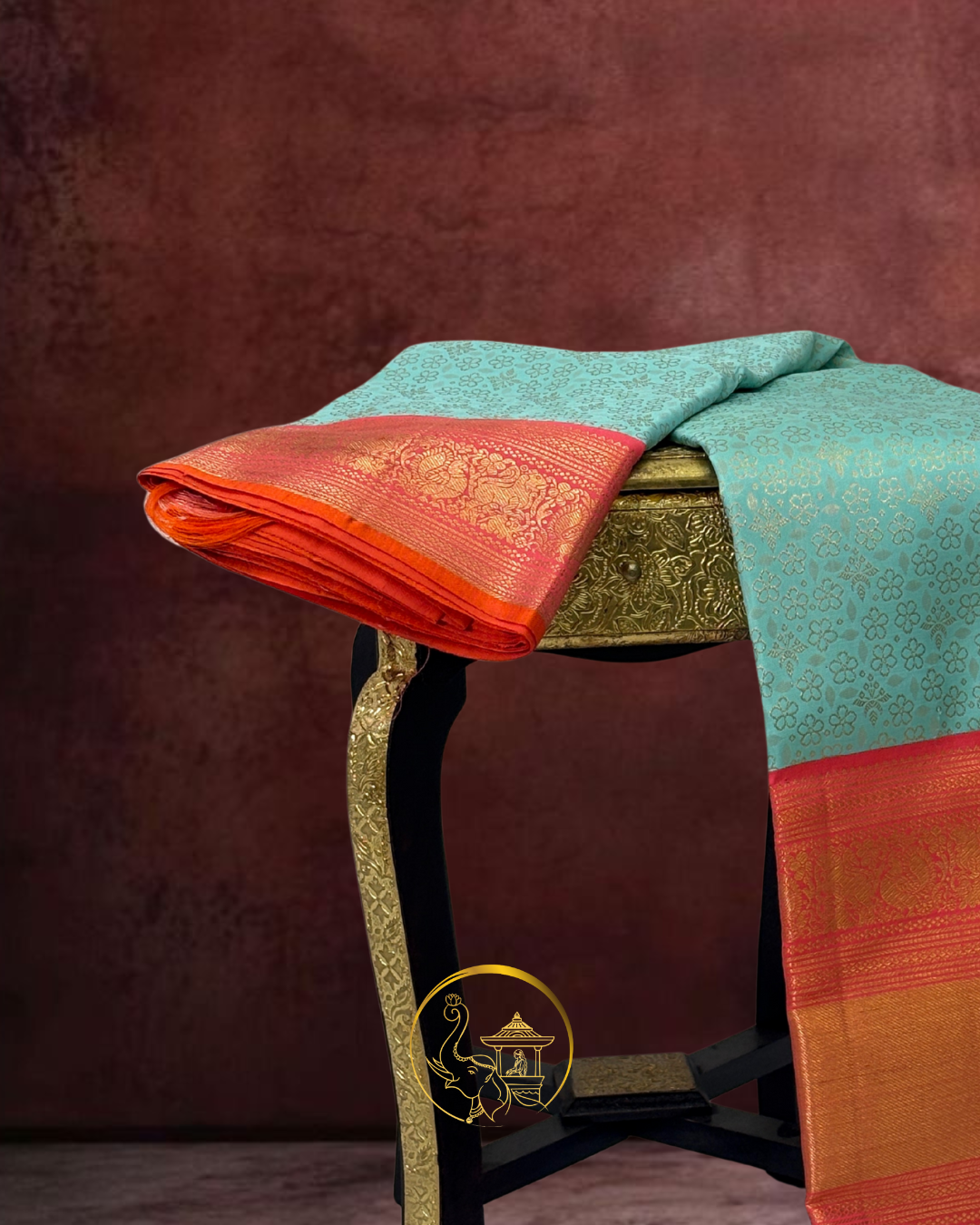 Kanjeevaram Silk Saree – Soft Blue with Orange