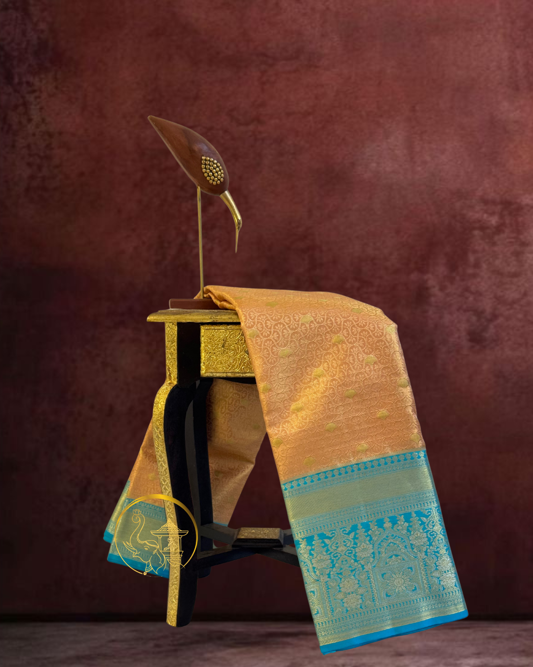 Peach Gold Kanjeevaram with Sky Blue Zari Border