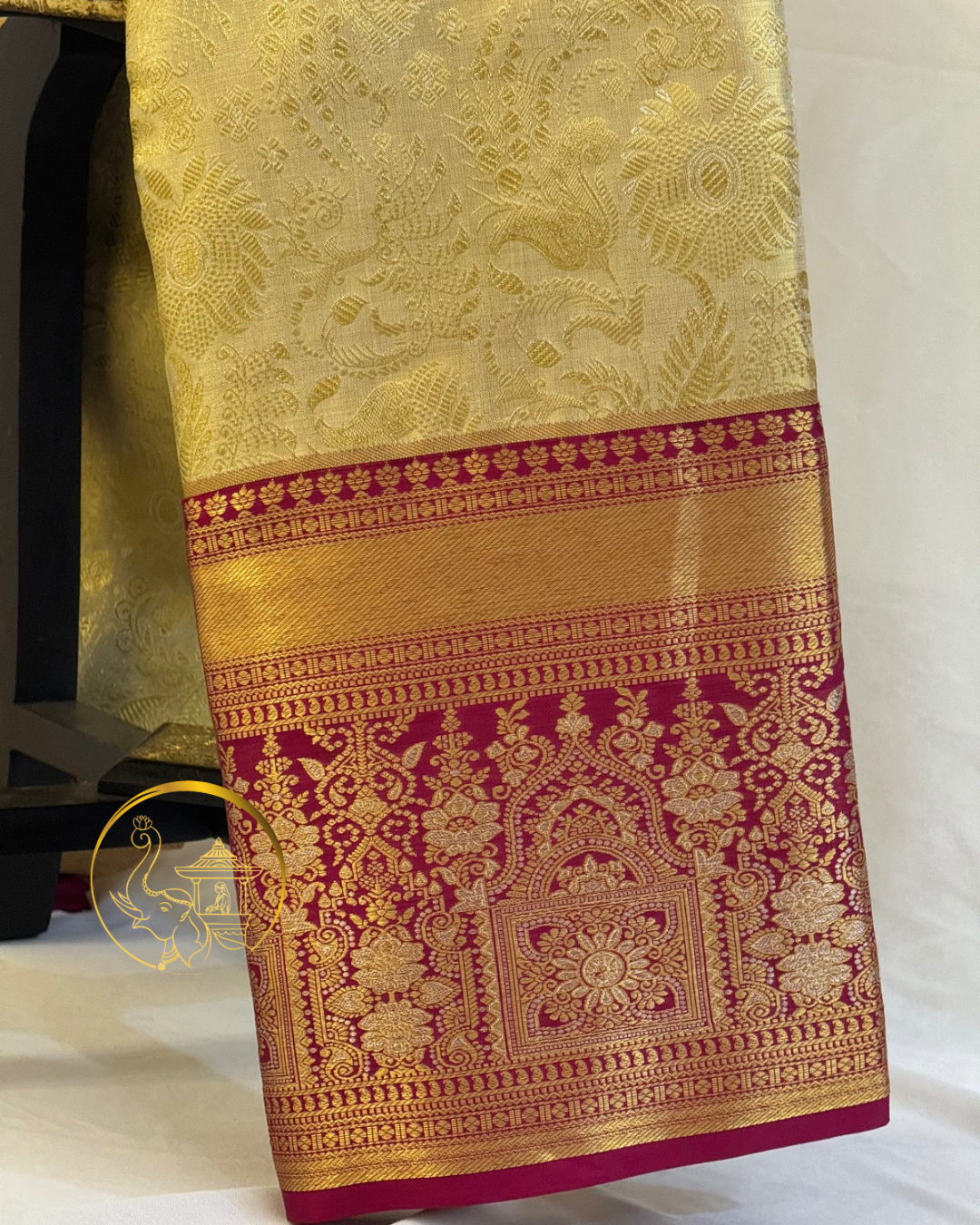Gold Meenakari Kanjeevaram Silk Saree with Crimson Border