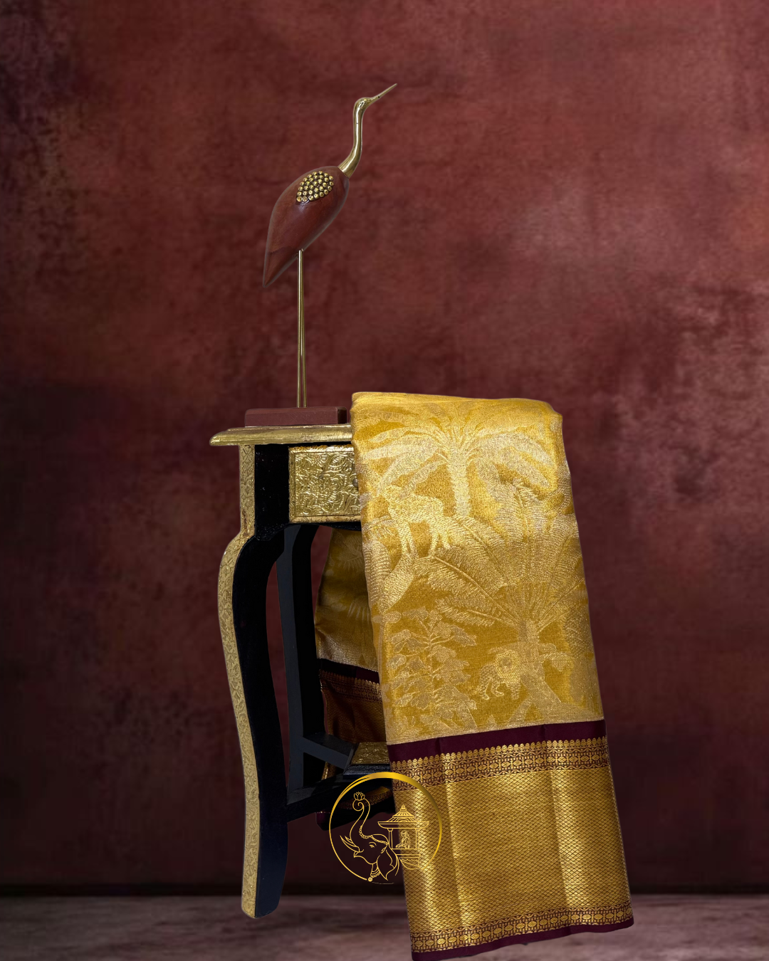 Golden Handloom Saree with Maroon Border 
with Nature inspired motifs