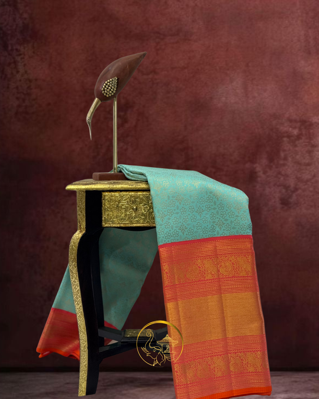 Kanjeevaram Silk Saree – Soft Blue with Orange