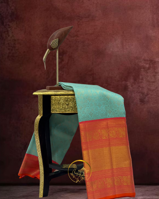 Kanjeevaram Silk Saree – Soft Blue with Orange