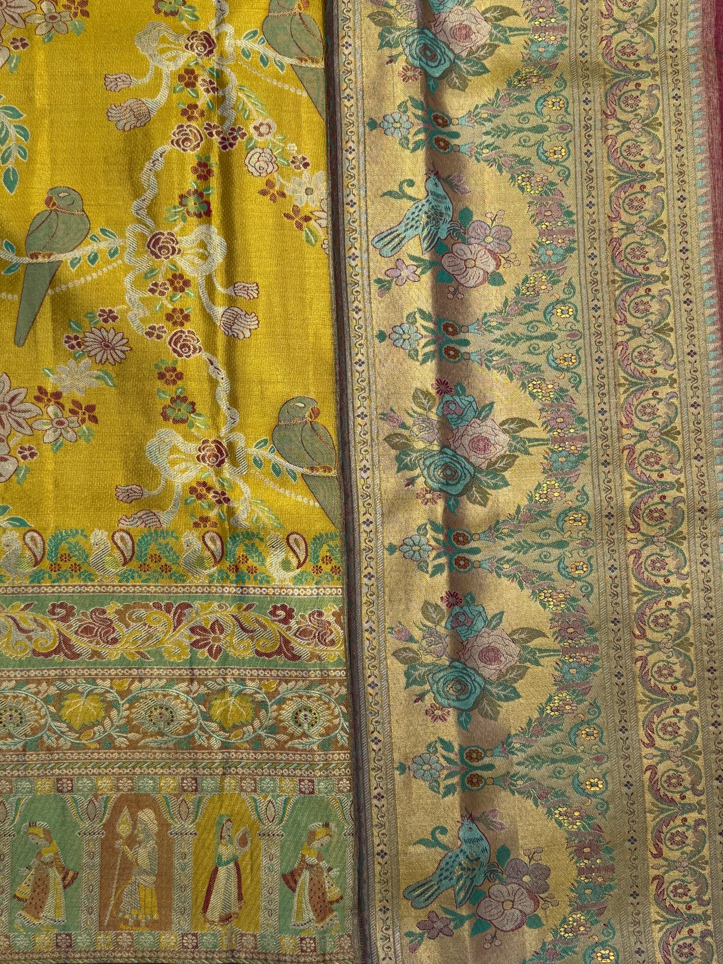 Mustard Yellow Handloom Meenakari Saree – Parrot & Royal Darbar Theme