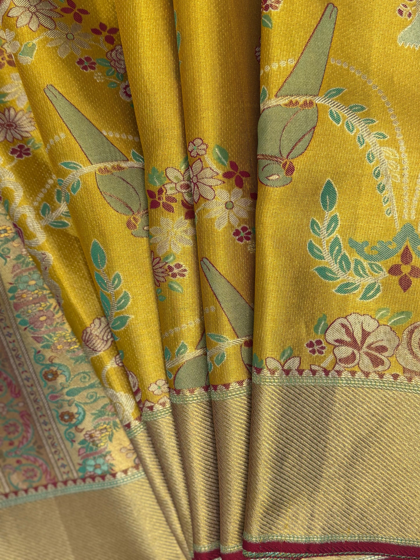 Mustard Yellow Handloom Meenakari Saree – Parrot & Royal Darbar Theme