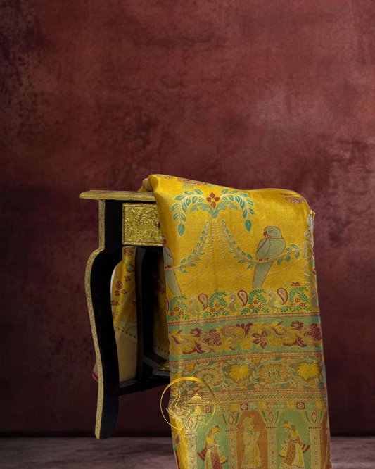 Mustard Yellow Handloom Meenakari Saree – Parrot & Royal Darbar Theme