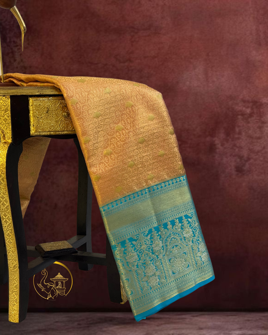 Peach Gold Kanjeevaram with Sky Blue Zari Border