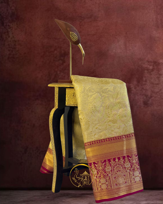 Gold Meenakari Kanjeevaram Silk Saree with Crimson Border